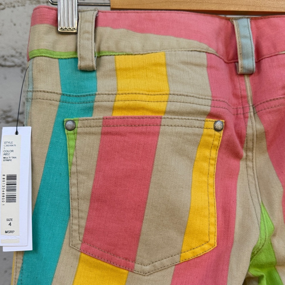 ✨RARE✨ Alice + Olivia by Stacey Bendet Flare Bell Jeans Multi Tan Stripe Size 4 - Picture 7 of 10